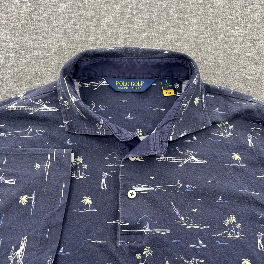 Polo Ralph Lauren Golf Resort Polo Shirt Mens L Tennis Palm Print SS Blue EUC